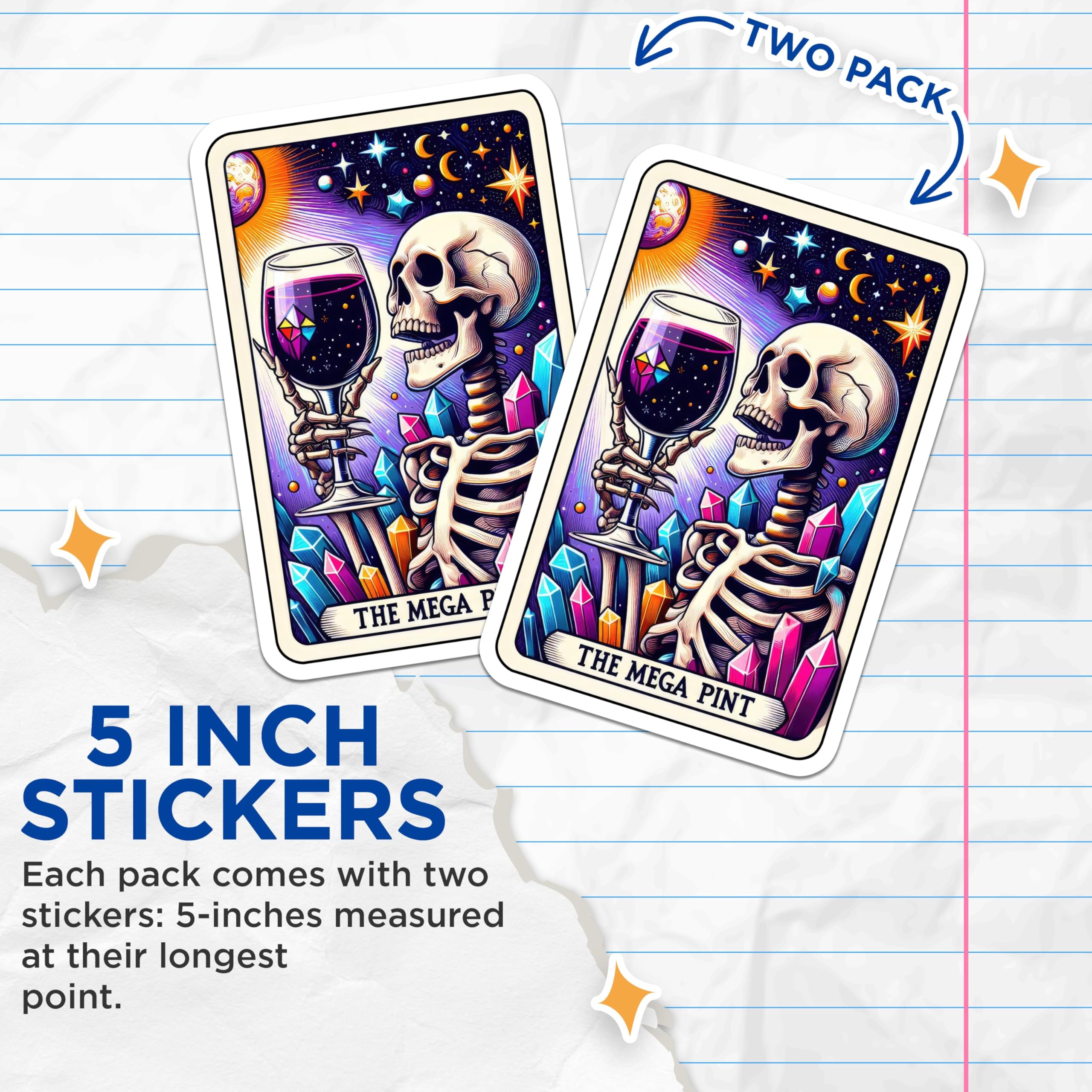 (2 Pack) Skull and Wine Stickers - Cosmic Crystal Stickers - The Mega Pint Skeleton Stickers - 5" On Longest Side - Sticks to Smooth Flat Surfaces - Made in USA - BMCS5453