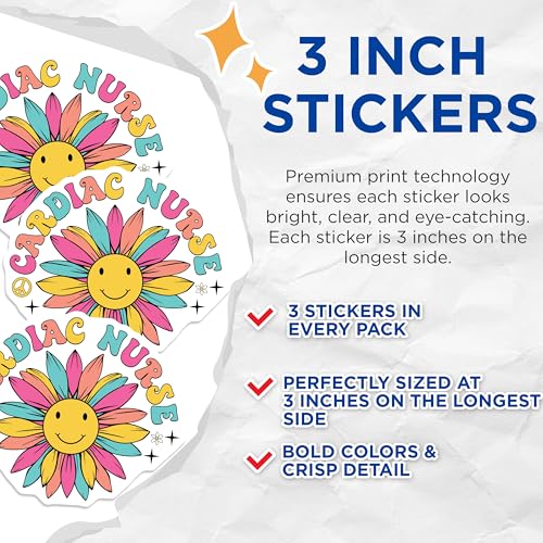 (3 Pack) Cardiac Nurse Decals - Retro Nurse Flower - Medical Decals - 3 Inches On Longest Side - Easy Peel & Apply - Made in USA - 3MCS7903