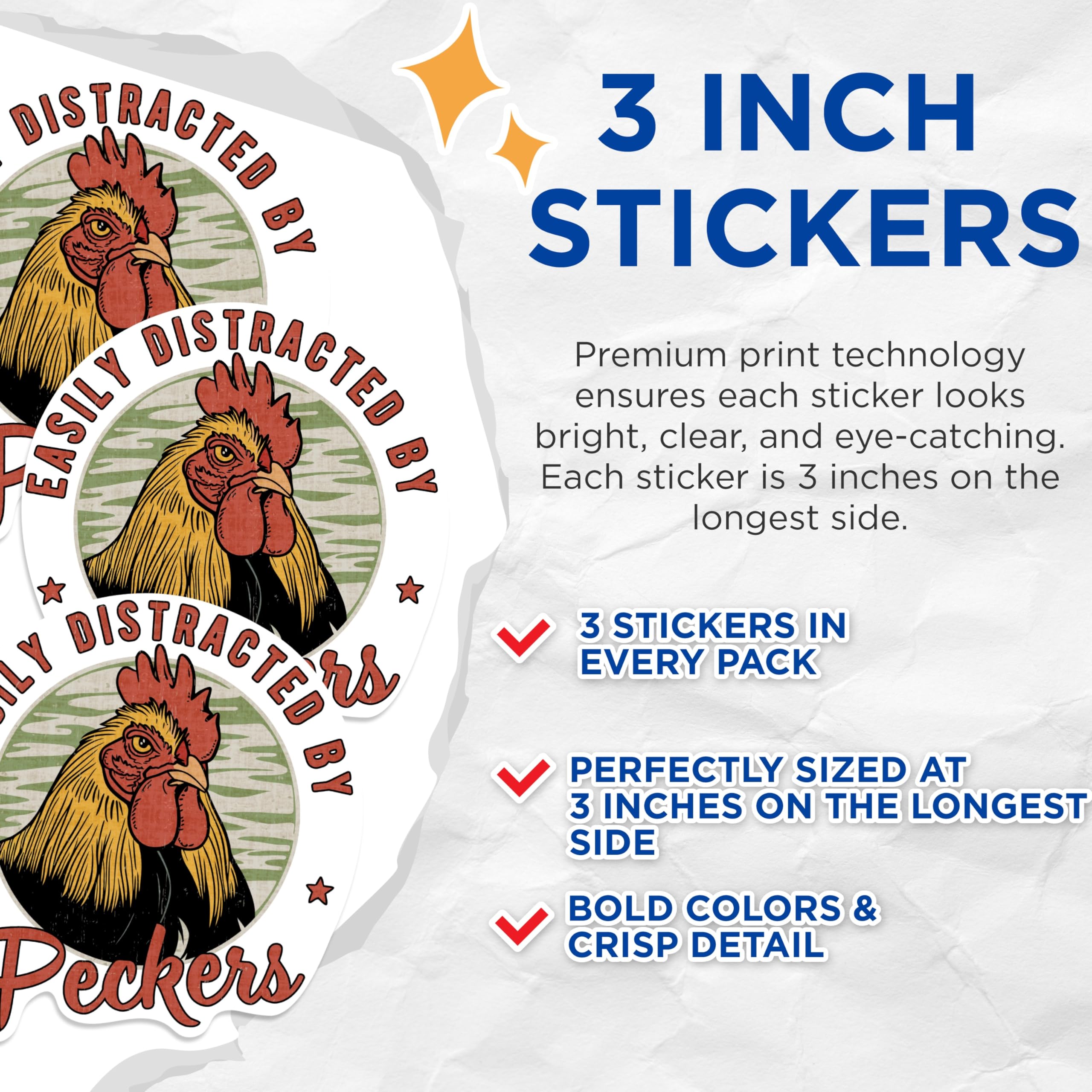 (3 Pack) Easily Distracted by Peckers Decals - Funny Rooster Decal - Chicken Lover Decal - 3 Inches On Longest Side - Easy Peel & Apply - Made in USA - 3MCS0937