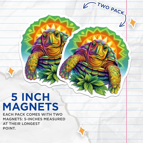 (2 Pack) Colorful Turtle Magnets - Sunshine Art - Abstract Sea Turtle - Nature Inspired Ative Magnets - 5" On Longest Side - for Cars, Fridges, Toolboxes - Made in USA - MAG4069