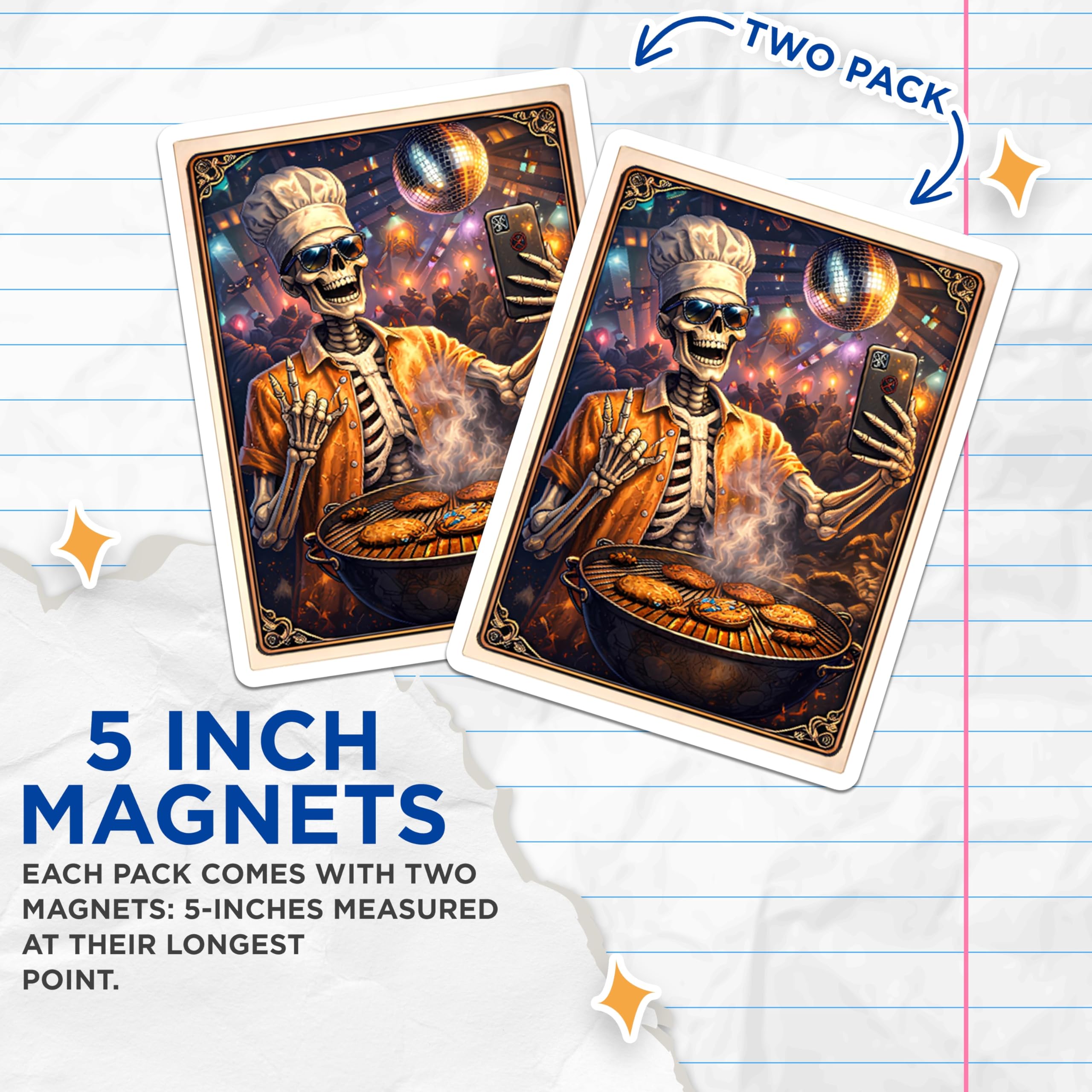 (2 Pack) Skeleton Chef Magnets - Grilling Disco Party - Funny BBQ Magnets - 5" On Longest Side - Premium Magnet - for Cars, Refrigerators, Toolboxes, Lockers - Made in USA - MAG15618