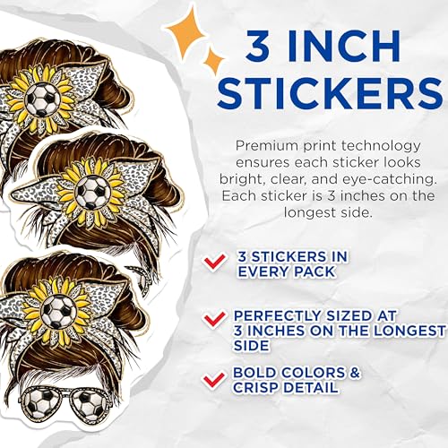 (3 Pack) Soccer Mom Decals - Messy Bun Sunflower - Soccer Ball Sunglasses Decal - 3 Inches On Longest Side - Easy Peel & Apply - Made in USA - 3MCS4959