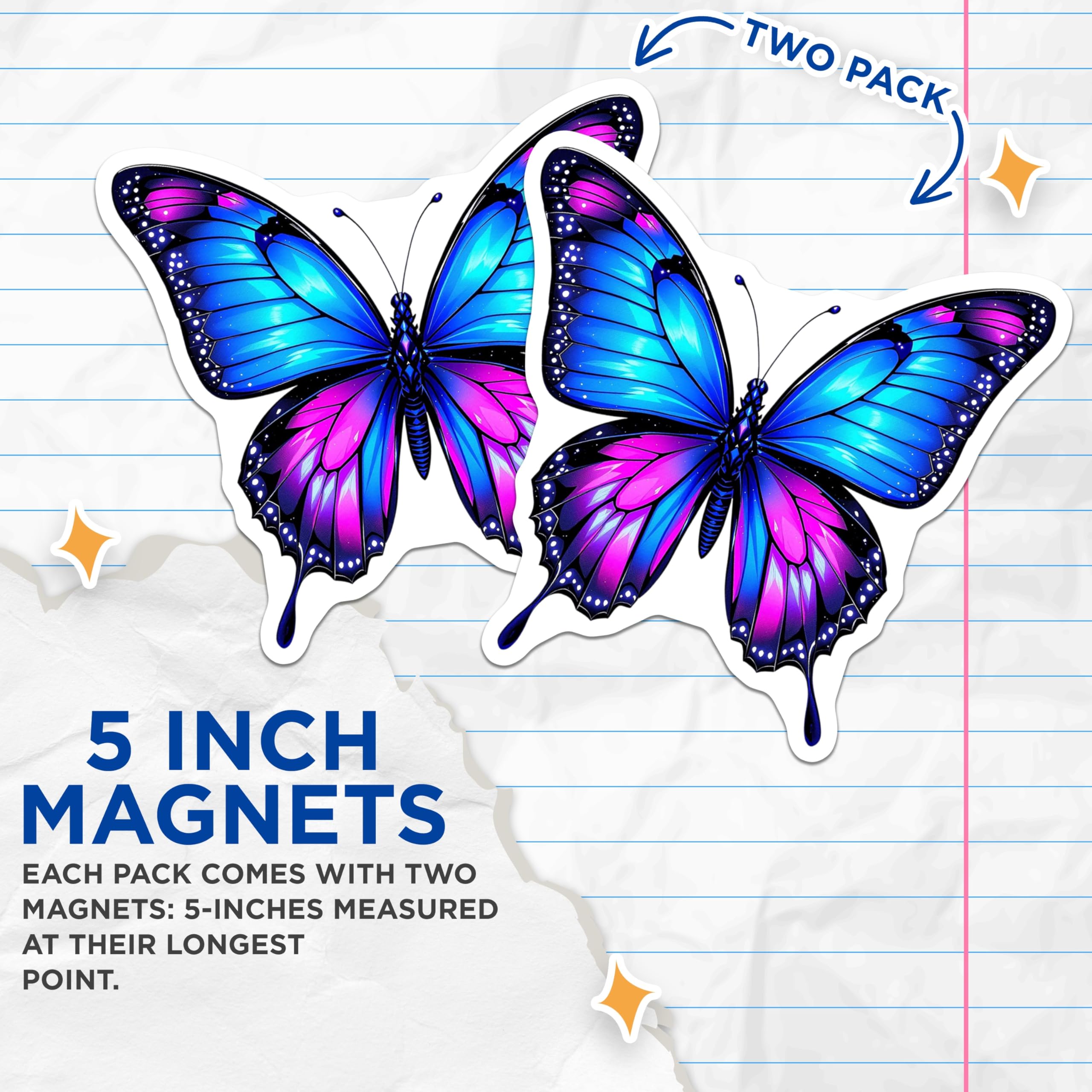 (2 Pack) Butterfly Magnets - Blue Pink Butterfly - Decorative Fridge Magnets - 5" On Longest Side - Premium Magnet - for Cars, Refrigerators, Toolboxes, Lockers - Made in USA - MAG16398