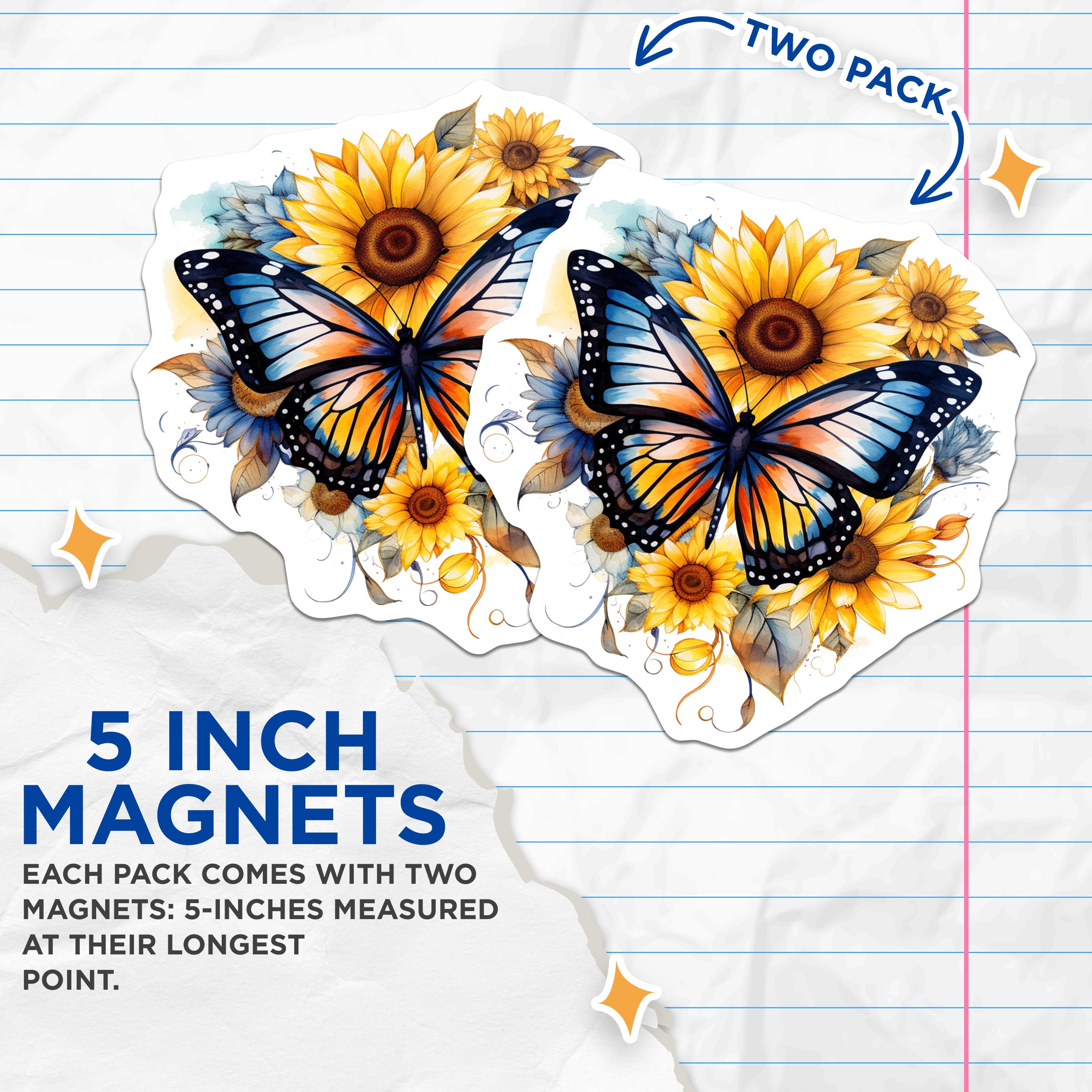 (2 Pack) Butterfly Sunflowers Magnets - Watercolor Art Fridge Decor - Nature Lover Home Kitchen Display - 5 Inches On Longest Side - Thick Durable Magnet - Made in USA - MAG36199