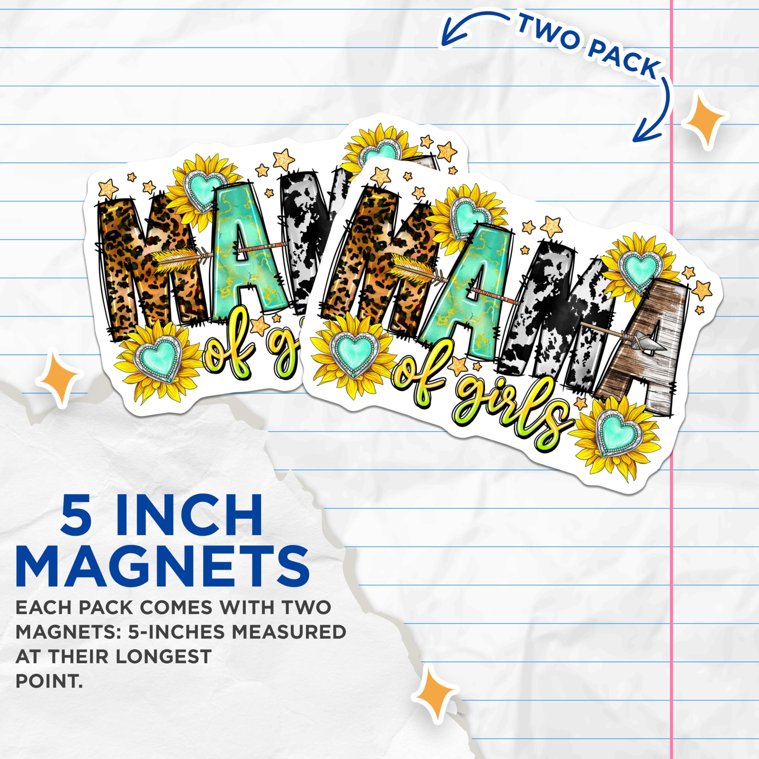 (2 Pack) Mama of Girls Magnets - Leopard Cow Print - Sunflower Turquoise Mama - 5 Inches On Longest Side - Thick Durable Magnet - Made in USA - MAG26810