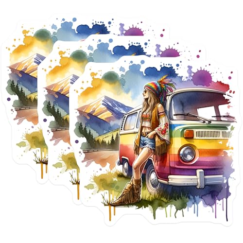 (3 Pack) Hippie Van Decals - Boho Girl Stickers - Rainbow Bus Art - 3 Inches On Longest Side - Easy Peel & Apply - Made in USA - 3MCS7598