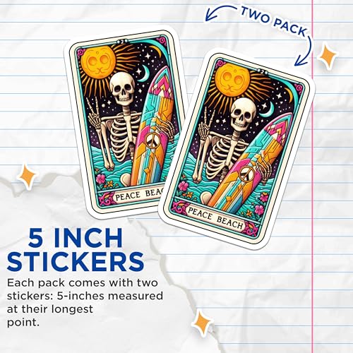 (2 Pack) Skeleton Surfer Stickers - Peace Beach Stickers - Vintage Surf Stickers - 5" On Longest Side - Sticks to Smooth Flat Surfaces - Made in USA - BMCS5248