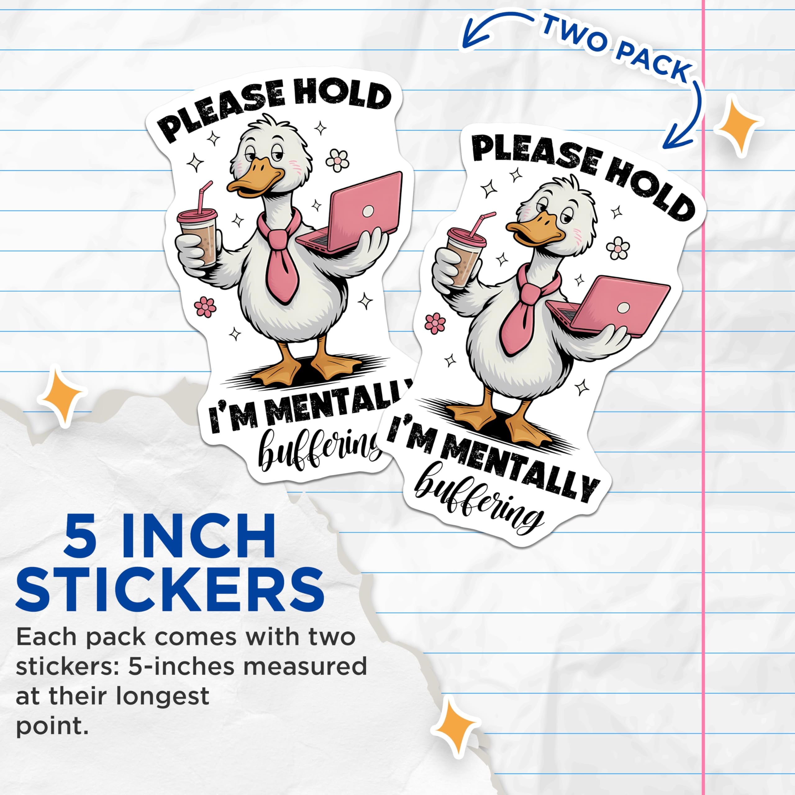 (2 Pack) Mentally Buffering Stickers - Funny Duck Stickers - Laptop Duck - Cute Stickers - 5" On Longest Side - Sticks to Smooth Flat Surfaces - Made in USA - BMCS15649
