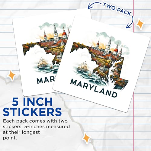 (2 Pack) Maryland State Stickers - Travel Sticker - Maryland Souvenir Sticker - 5" On Longest Side - Sticks to Smooth Flat Surfaces - Made in USA - BMCS5161