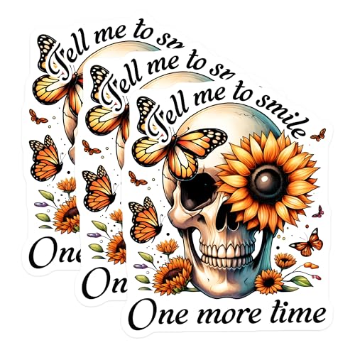 (3 Pack) Skull Sunflower Decals - Butterfly Laptop Stickers - Floral Skull Decal Set - 3 Inches On Longest Side - Easy Peel & Apply - Made in USA - 3MCS6147