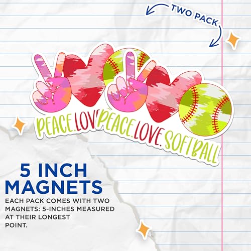 (2 Packs) Peace Love Softball Magnets - Softball Mom Softball Dad Player Magnets - 5 Inches On Longest Side - Premium Magnet - for Fridges, Toolboxes, Cars - Made in USA - MAG2343