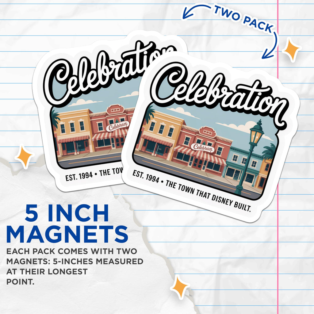 (2 Pack) Celebration Florida Magnets - Disney Built Town Souvenir - Main Street USA Style Decor - 5 Inches On Longest Side - Thick Durable Magnet - Made in USA - MAG19082