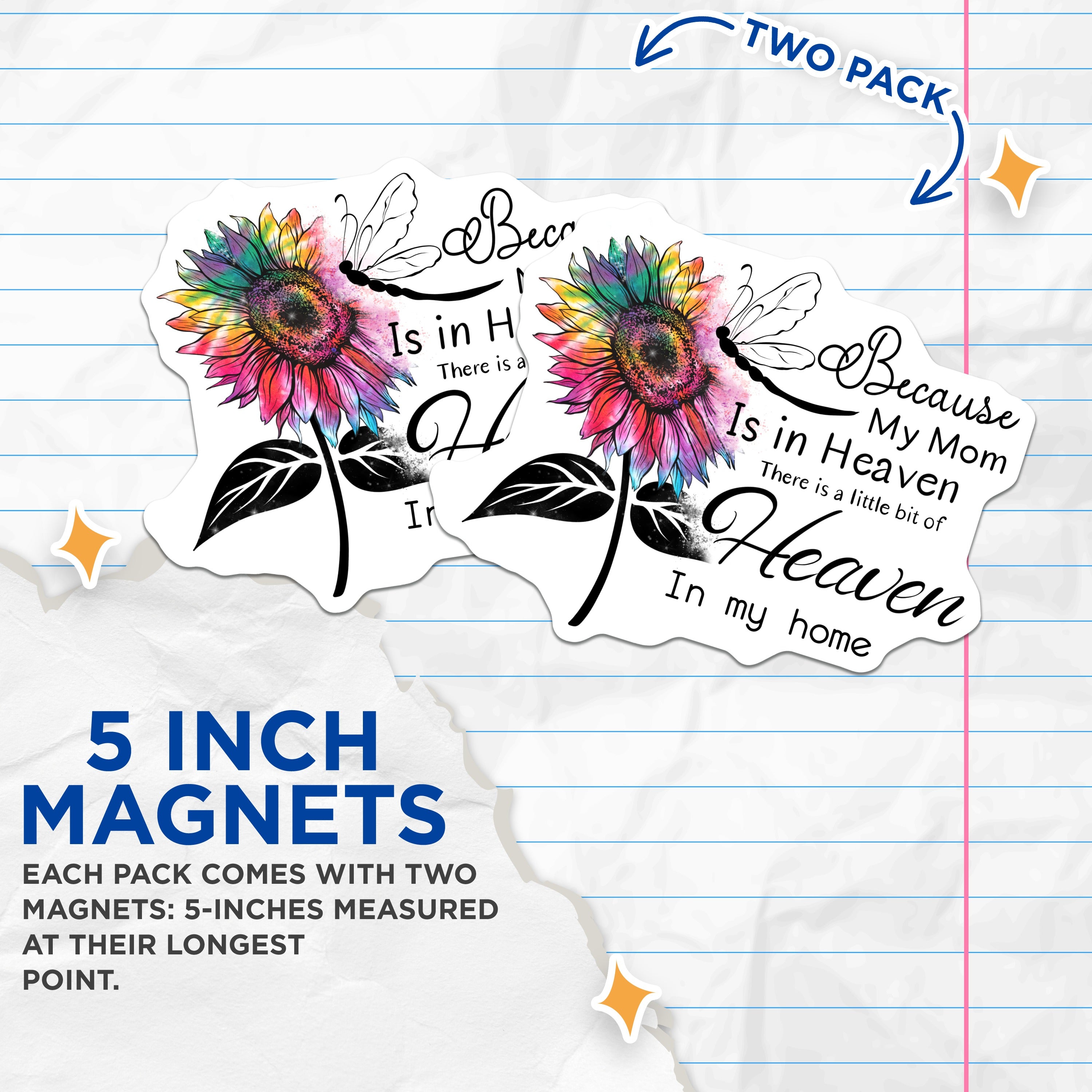 (2 Pack) Mom in Heaven Magnets - Memorial Sympathy - Loss of Mother - Sunflower Dragonfly Remembrance - Comforting Keepsake - 5 Inches On Longest Side - Thick Durable Magnet - Made in USA - MAG39380