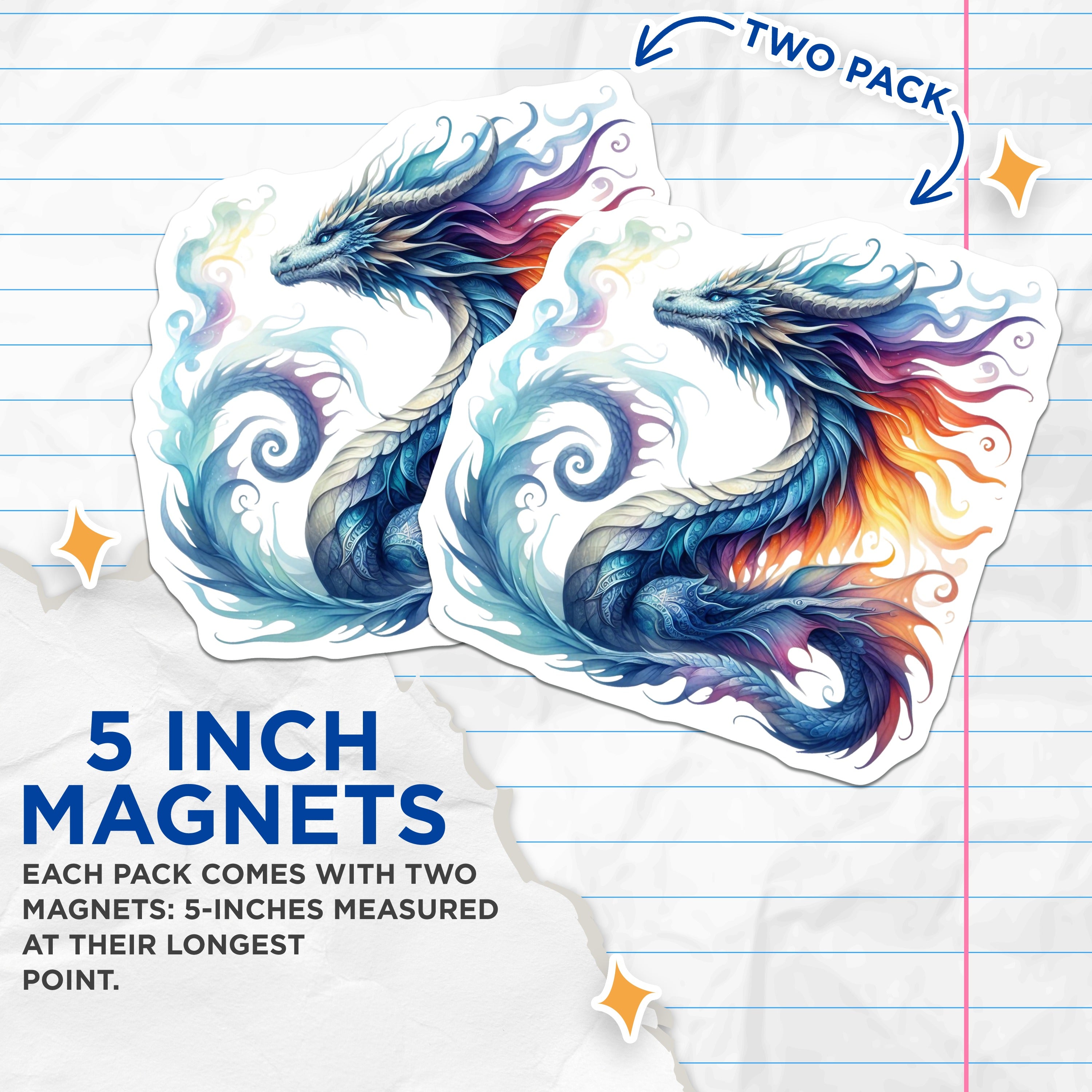 (2 Pack) Elemental Dragon Magnets - Fantasy Creature Decor - Mythical Art Collector Item - 5 Inches On Longest Side - Thick Durable Magnet - Made in USA - MAG38785