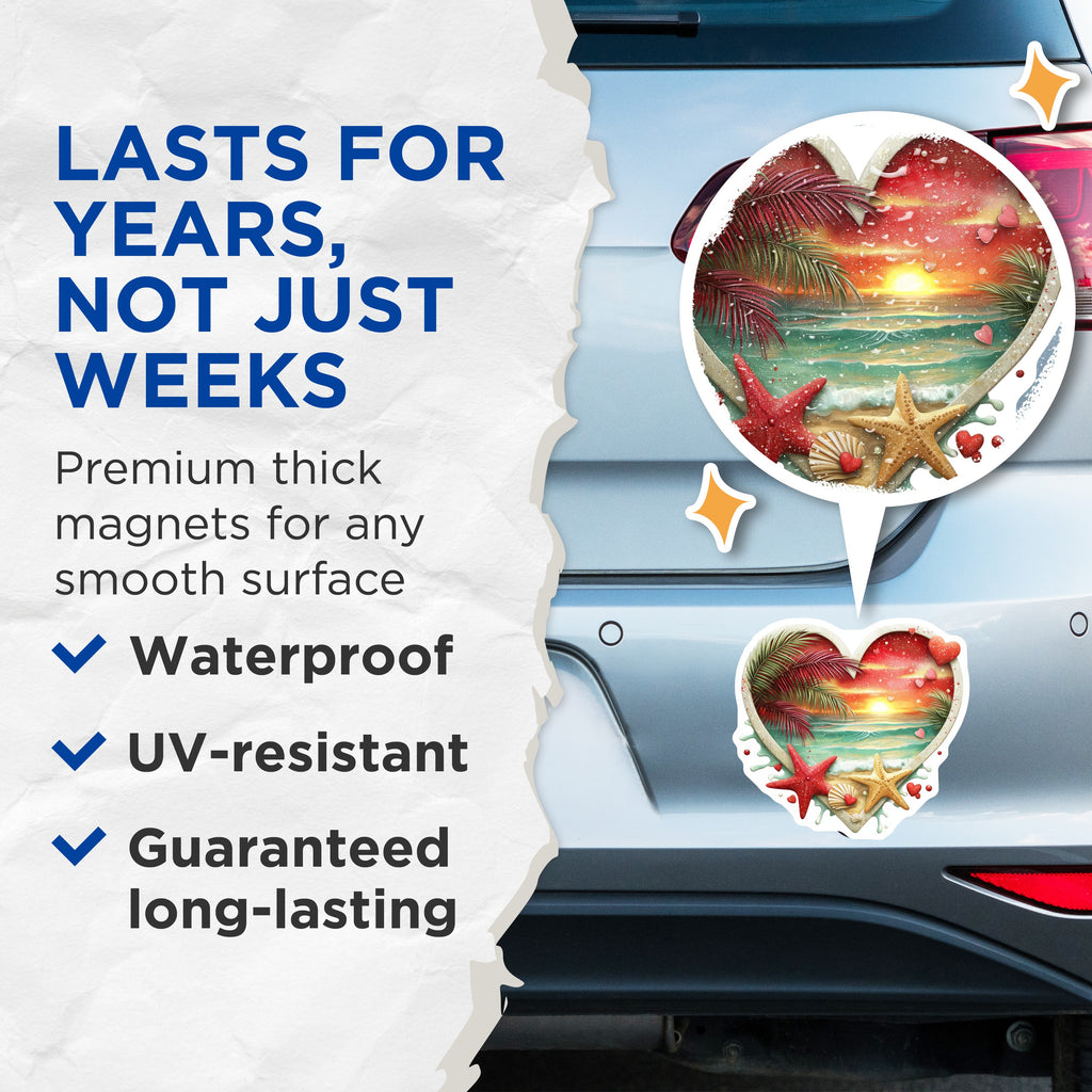 (2 Pack) Beach Sunset Heart Magnets - Romantic Ocean View Refrigerator Decor - Valentine's Day Anniversary Lover Aesthetic - 5 Inches On Longest Side - Thick Durable Magnet - Made in USA - MAG36614