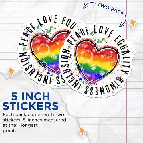 (2 Pack) Peace Love Equality Kindness Stickers - Rainbow Heart Decal - Inclusive Quote Stickers - 5" On Longest Side - Sticks to Smooth Flat Surfaces - Made in USA - BMCS5791
