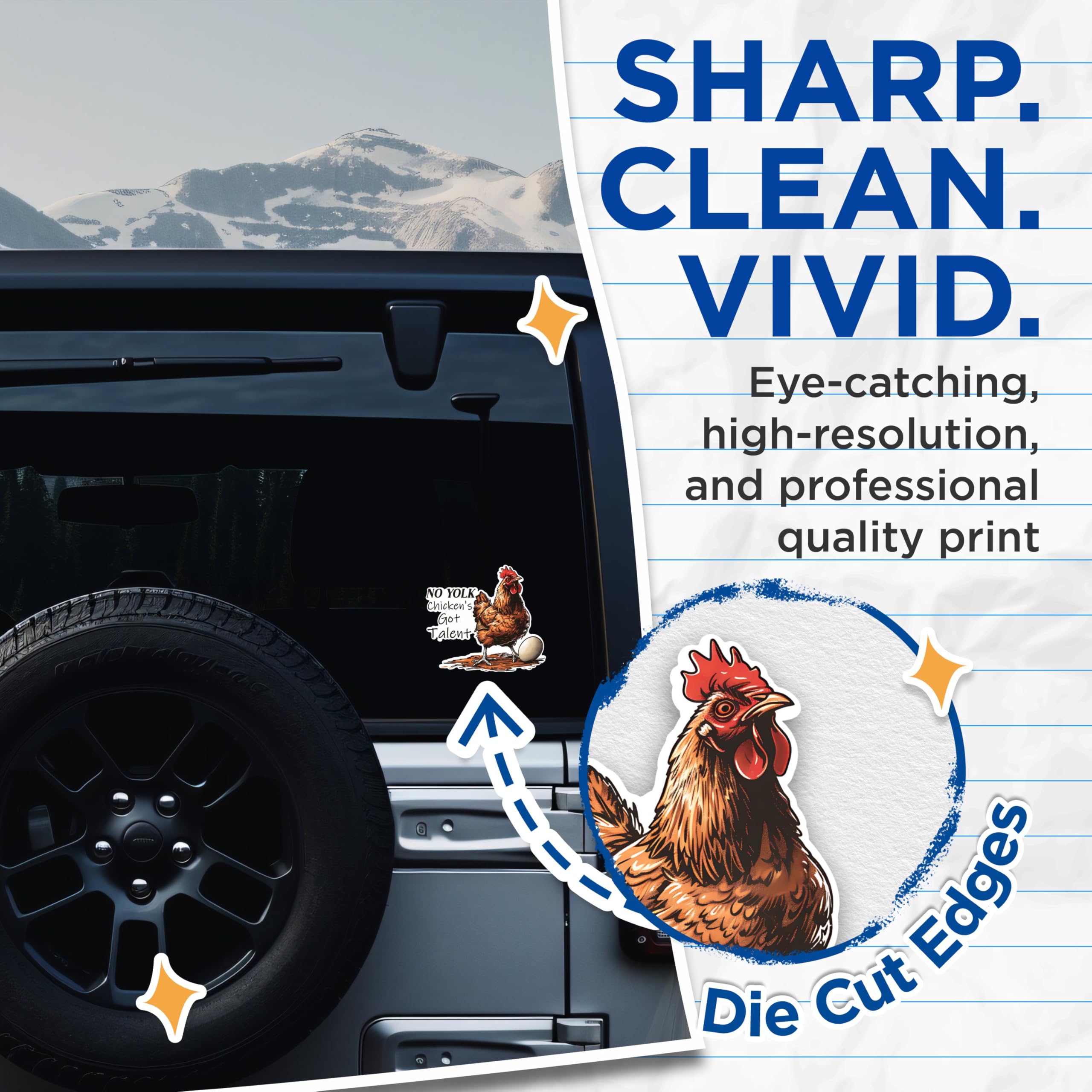 (2 Pack) No Yolk Chicken Stickers - Chicken's Got Talent Stickers - Funny Chicken Egg Stickers - 5" On Longest Side - Sticks to Any Smooth Flat Surface - Made in USA - BMCS2609