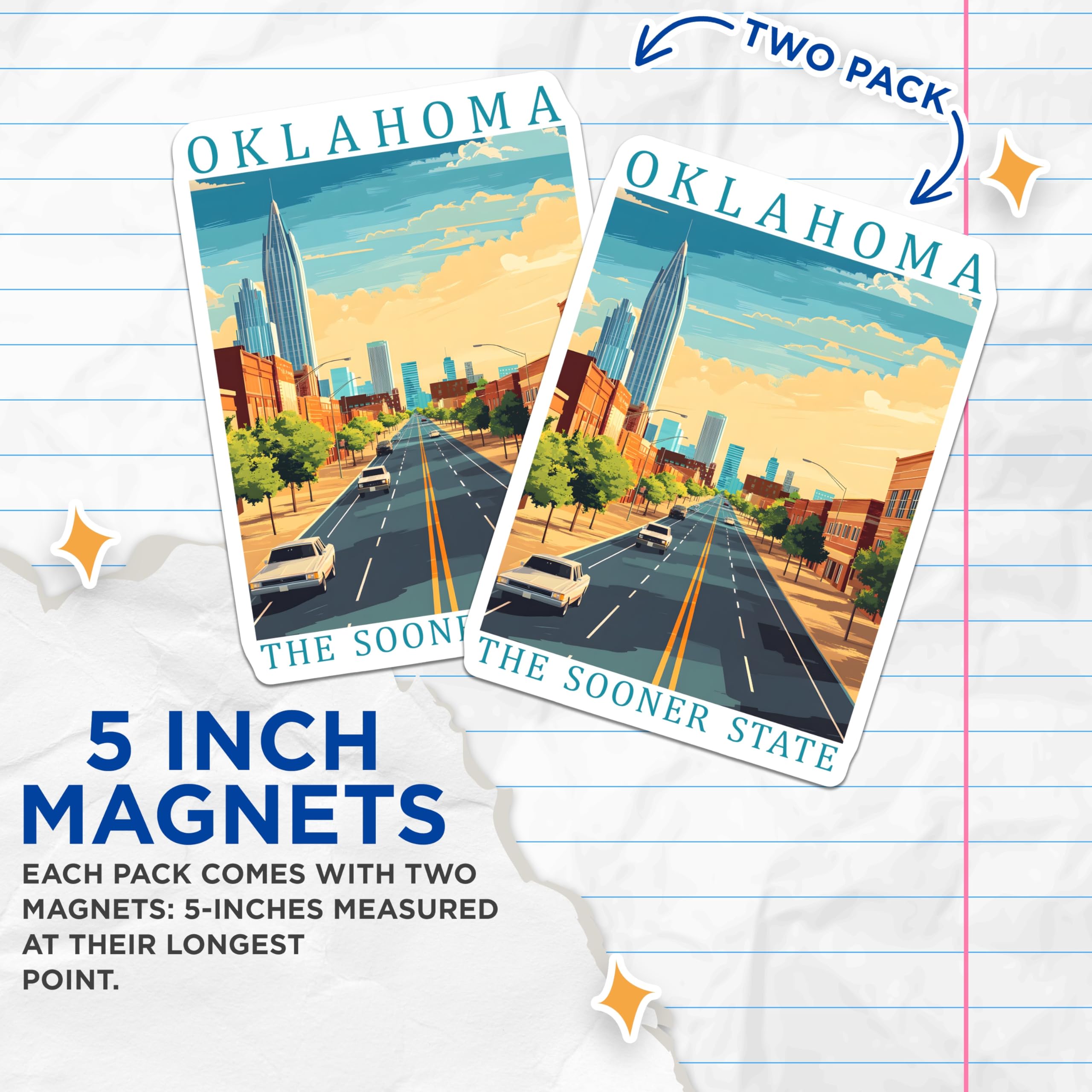 (2 Pack) Oklahoma City Magnets - Sooner State Souvenir - Retro Travel Magnets - 5" On Longest Side - Premium Magnet - for Cars, Refrigerators, Toolboxes, Lockers - Made in USA - MAG18165