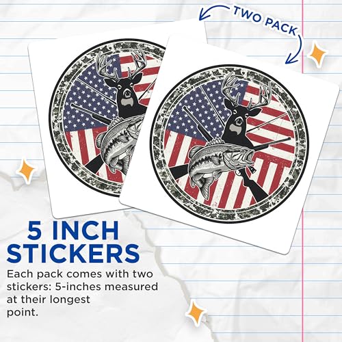 (2 Pack) American Wildlife Stickers - Deer and Bass - Hunting and Fishing Enthusiast - 5" On Longest Side - Sticks to Smooth Flat Surfaces - Made in USA - BMCS9954
