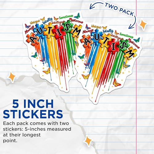 (2 Pack) Autism Awareness Stickers - Colorful Puzzle Pieces - Inspirational Autism Acceptance - 5" On Longest Side - Sticks to Smooth Flat Surfaces - Made in USA - BMCS5976