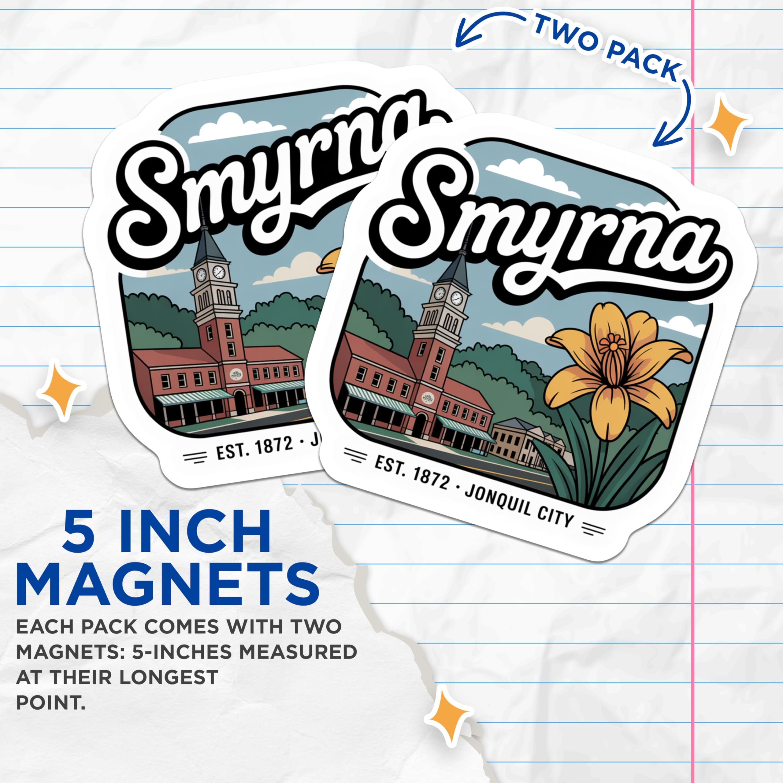 (2 Pack) Smyrna Georgia Magnets - Jonquil City Artwork - Hometown Refrigerator Decor - 5" On Longest Side - Premium Magnet - for Cars, Refrigerators, Toolboxes, Lockers - Made in USA - MAG17244