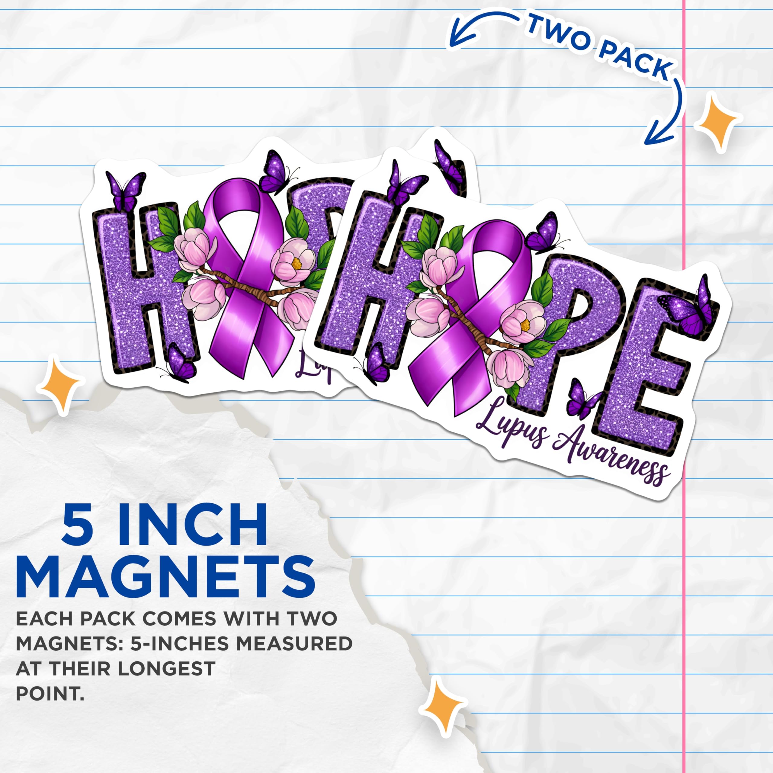 (2 Pack) Lupus Awareness Magnets - Hope Purple Ribbon - Butterfly Flower Warrior Support - 5 Inches On Longest Side - Thick Durable Magnet - Made in USA - MAG27934
