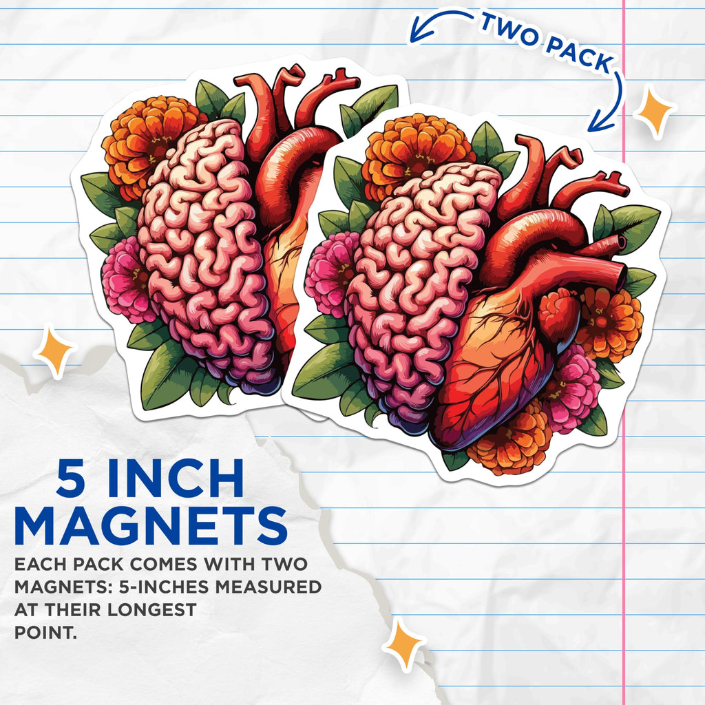 (2 Pack) Brain Heart Magnets - Floral Anatomy Art Decor - Mind Emotion Balance Design - Science Aesthetic Magnets - 5 Inches On Longest Side - Thick Durable Magnet - Made in USA - MAG19626