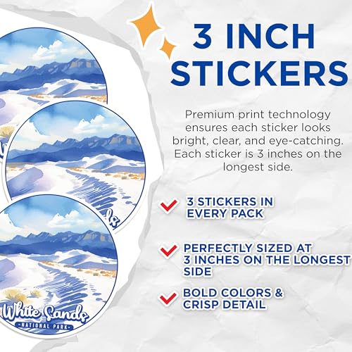 (3 Pack) White Sands Decals - National Park Decor - Laptop Decals - 3 Inches On Longest Side - Easy Peel & Apply - Made in USA - 3MCS0497