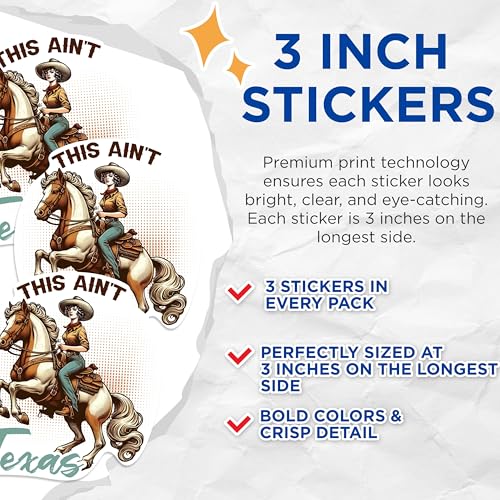 (3 Pack) This Ain't Texas Decals - Cowgirl Riding - Horse Decal - 3 Inches On Longest Side - Easy Peel & Apply - Made in USA - 3MCS0971