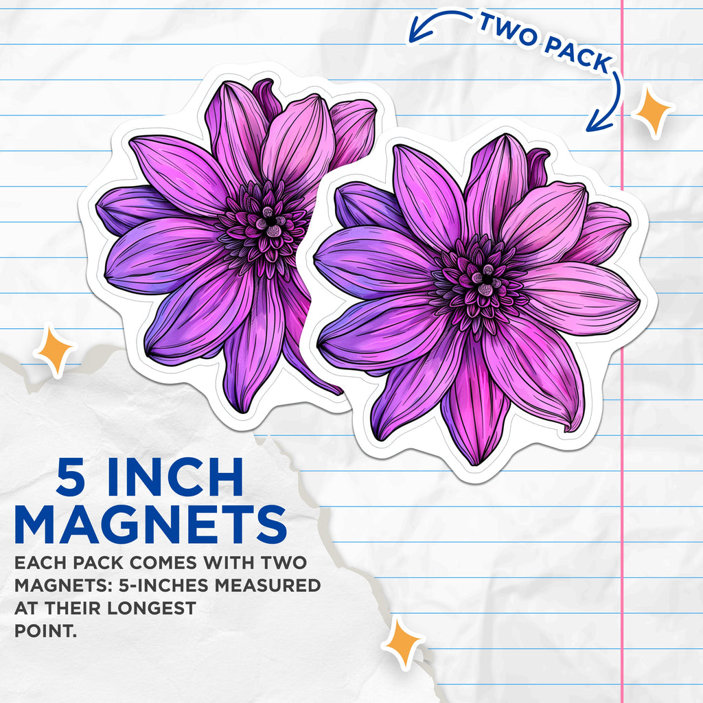(2 Pack) Purple Dahlia Magnets - Vibrant Floral Fridge Decor - Botanical Art Accent Kitchen Refrigerator - 5 Inches On Longest Side - Thick Durable Magnet - Made in USA - MAG39114