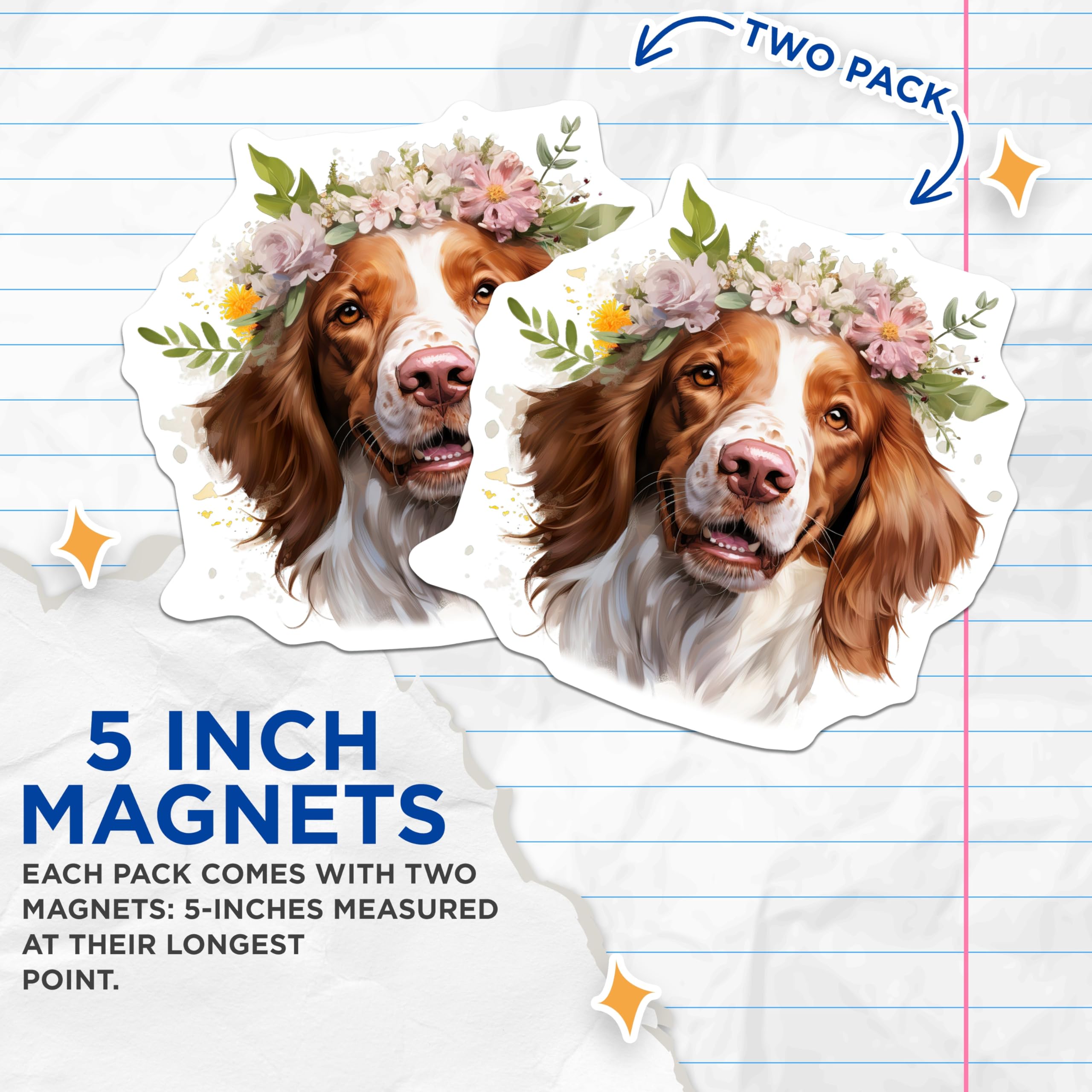 (2 Pack) Springer Spaniel Magnets - Floral Dog Decor - Dog Mom Refrigerator Locker Art - 5 Inches On Longest Side - Thick Durable Magnet - Made in USA - MAG30391