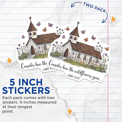 (2 Pack) Inspirational Church Stickers - Consider How The Wildflowers Grow - Bible Verse Stickers - 5" On Longest Side - Sticks to Smooth Flat Surfaces - Made in USA - BMCS6532