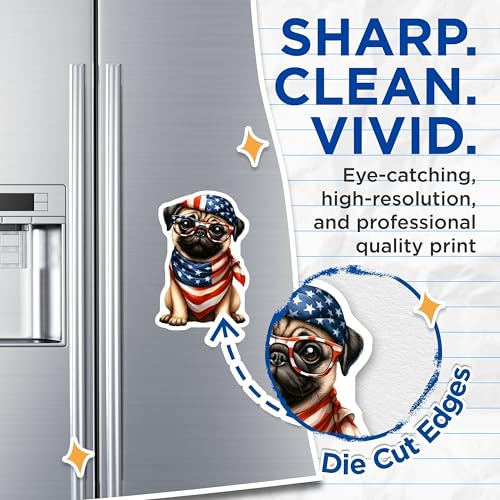 (2 Pack) Cute Pug Dog Magnets - Adorable Pug Puppy Magnet - Patriotic Dog Lover Decor - American Flag Bandana - 5" On Longest Side - for Cars, Fridges, Toolboxes - Made in USA - MAG6976