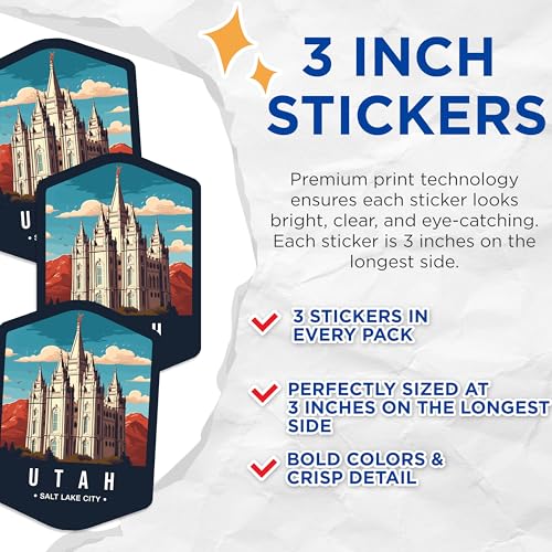 (3 Pack) Utah Decals - Salt Lake City Decal - Laptop Decals - 3 Inches On Longest Side - Easy Peel & Apply - Made in USA - 3MCS0385