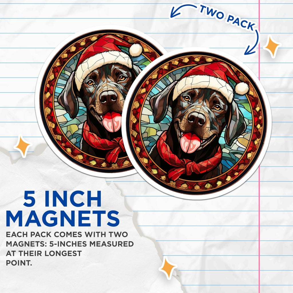 (2 Pack) Christmas Dog Magnets - Stained Glass Labrador Art - Santa Hat Pet Decor - Winter Holiday Fridge Accessories - 5 Inches On Longest Side - Thick Durable Magnet - Made in USA - MAG26196