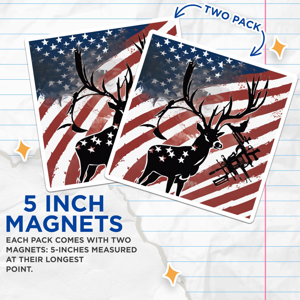 (2 Pack) American Flag Deer Magnets - Patriotic Hunter Art - Rifle Wildlife Decor - 5 Inches On Longest Side - Thick Durable Magnet - Made in USA - MAG19641