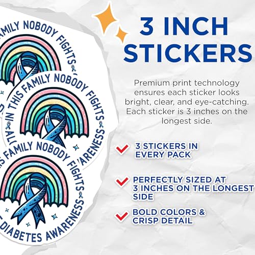 (3 Pack) Diabetes Awareness Decals - Blue Ribbon Rainbow - Laptop Decal - 3 Inches On Longest Side - Easy Peel & Apply - Made in USA - 3MCS2596