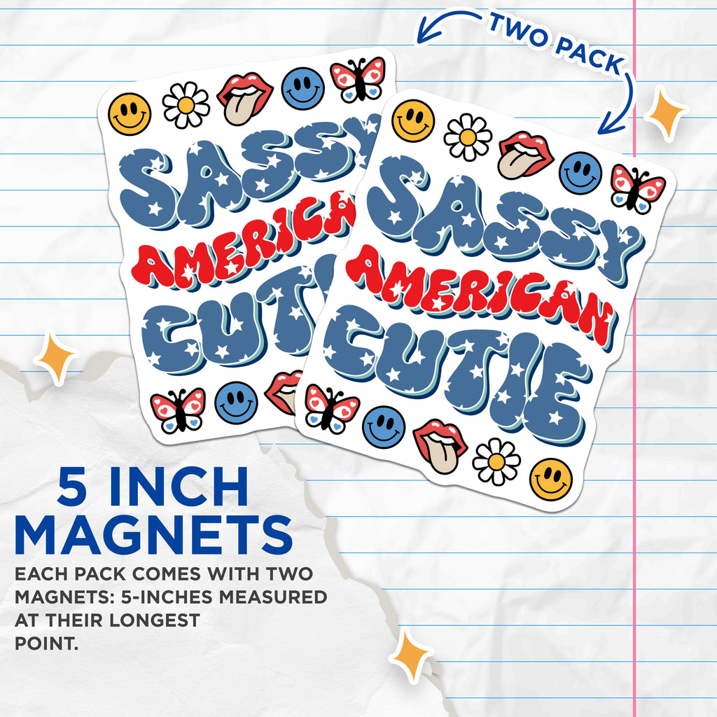 (2 Pack) Sassy American Cutie Magnets - Patriotic Retro Decor - Fun Y2K Style - Independence Day Display - 5 Inches On Longest Side - Thick Durable Magnet - Made in USA - MAG39896