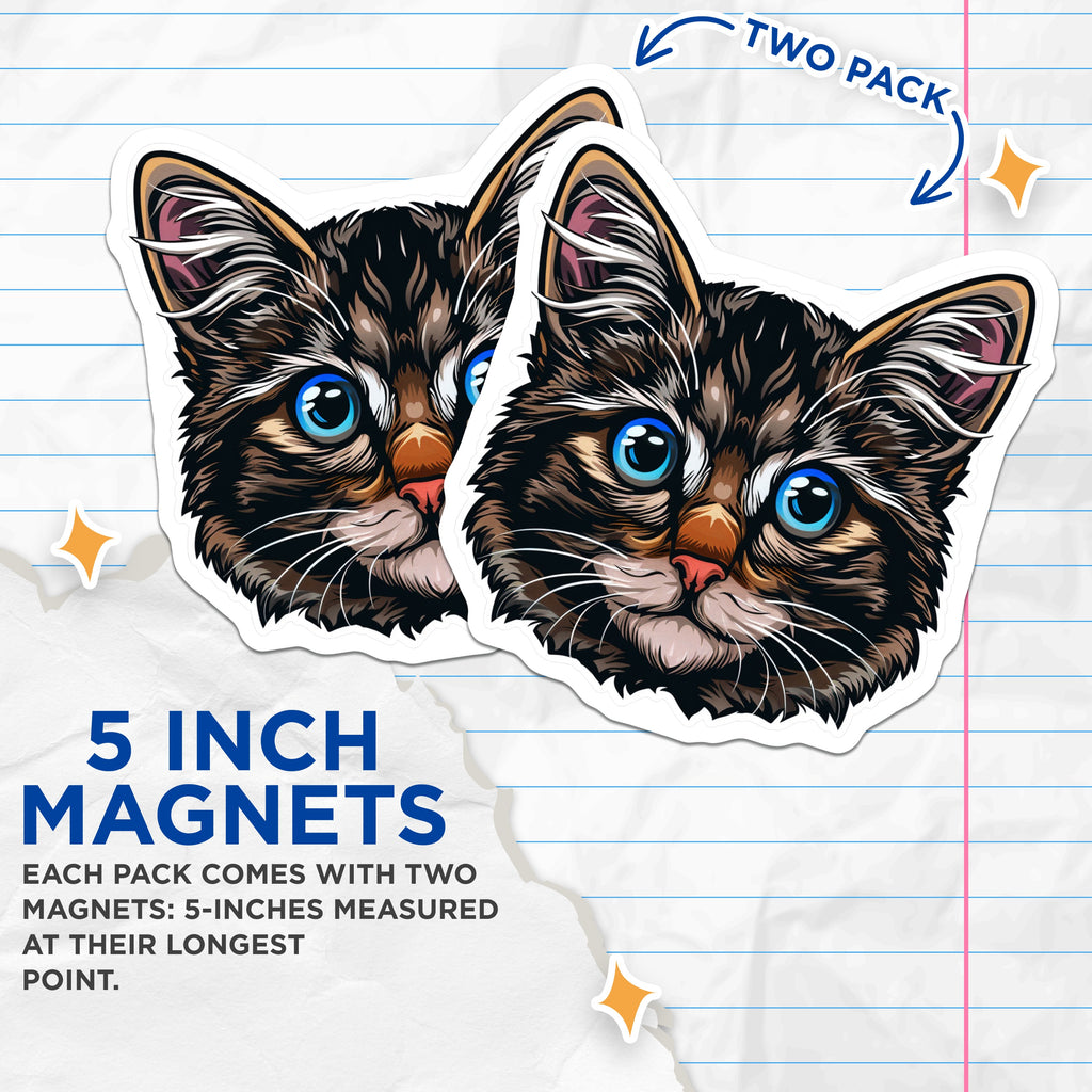 (2 Pack) Cute Cat Head Magnets - Blue Eyed Feline Art - Pet Lover Fridge Decor - 5 Inches On Longest Side - Thick Durable Magnet - Made in USA - MAG36828