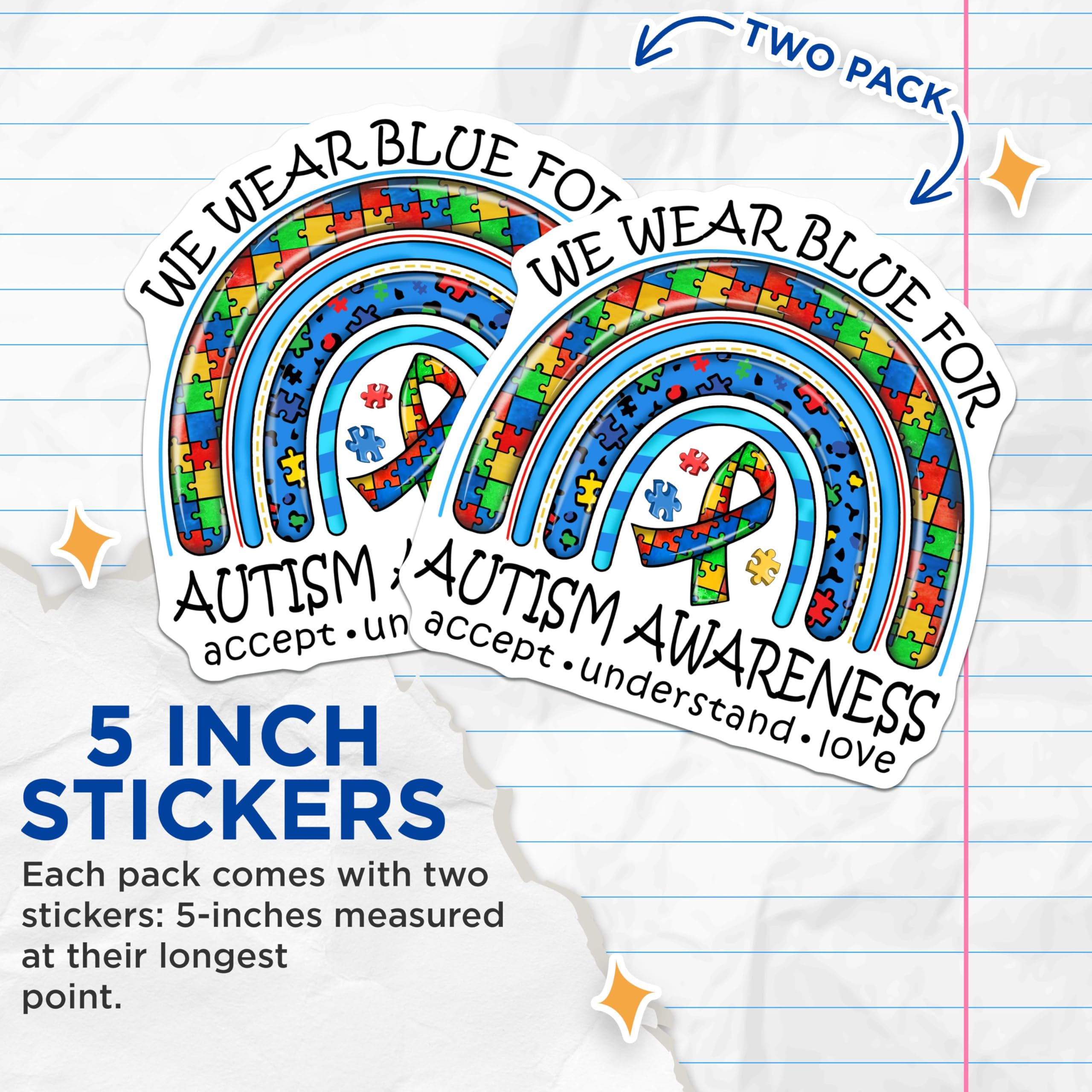 (2 Pack) Autism Awareness Stickers - We Wear Blue for Autism - Accept Understand Love Decal - 5" On Longest Side - Sticks to Smooth Flat Surfaces - Made in USA - BMCS9166