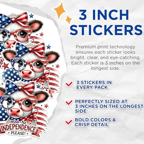 (3 Pack) Patriotic Cow Decals - USA Flag Glasses - 4th of July Laptop Decal - 3 Inches On Longest Side - Easy Peel & Apply - Made in USA - 3MCS1535