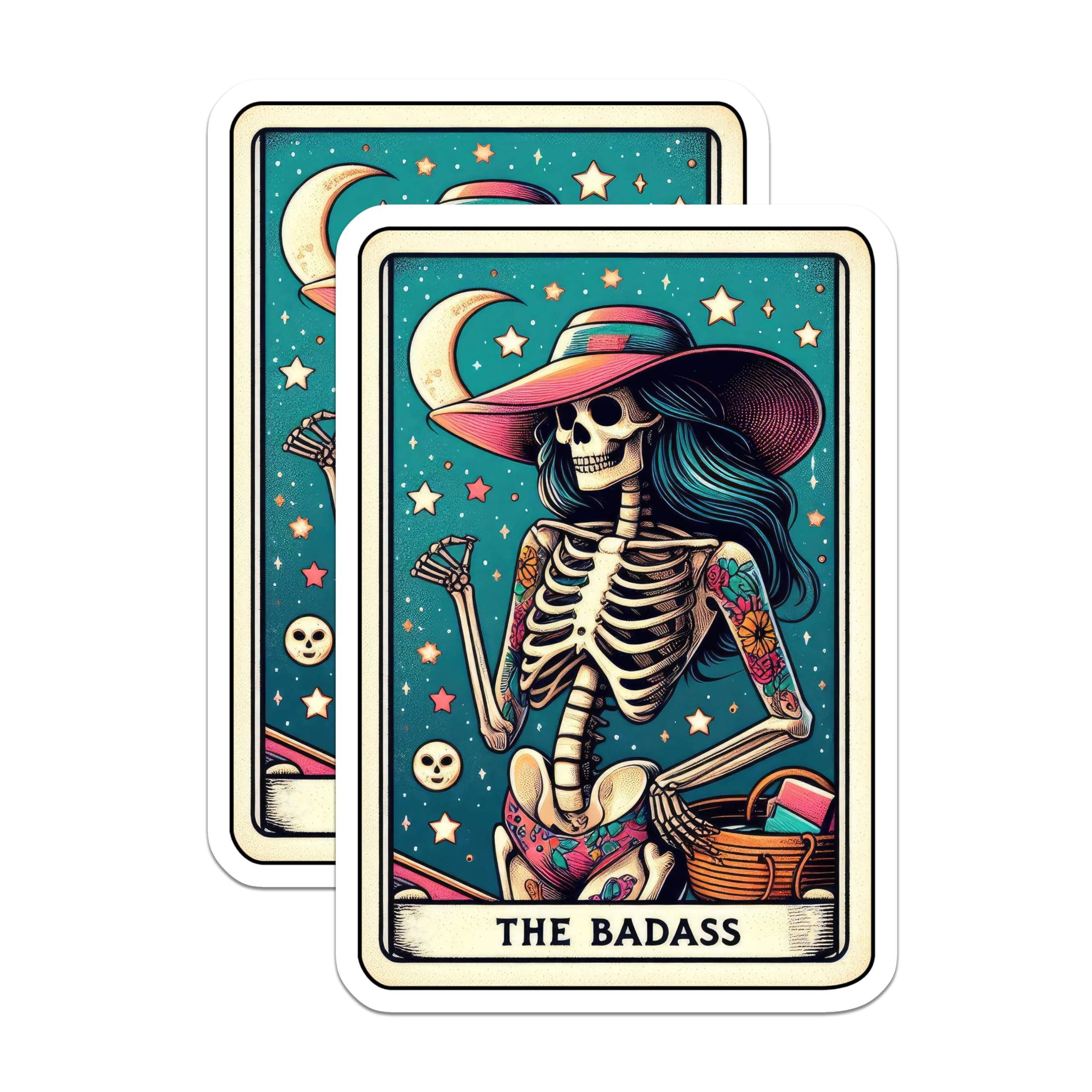 (2 Pack) The Badass Stickers - Skeleton Art - Tarot Card Design - 5" On Longest Side - Sticks to Smooth Flat Surfaces - Made in USA - BMCS5351