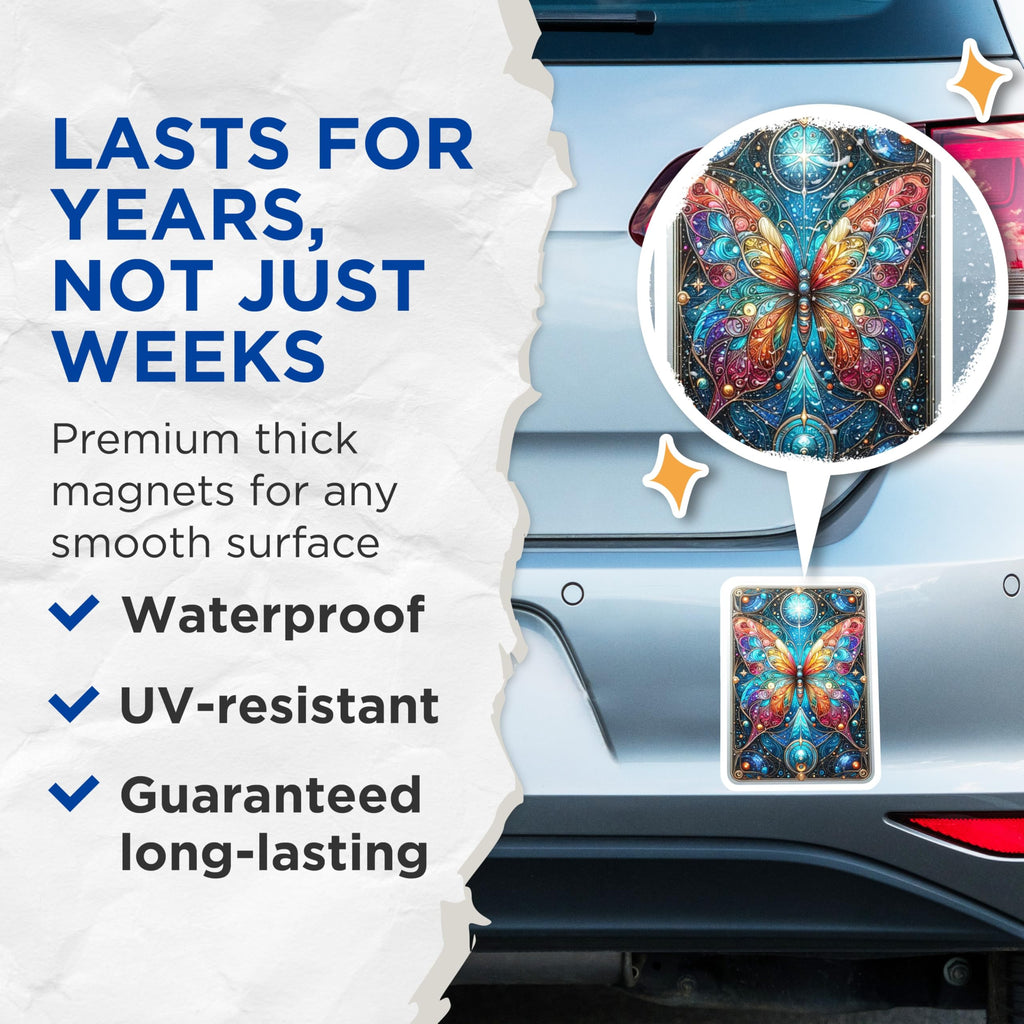 (2 Pack) Stained Glass Butterfly Magnets - Cosmic Mandala Art - Vibrant Fridge Decor - Locker Accessories - 5 Inches On Longest Side - Thick Durable Magnet - Made in USA - MAG20495