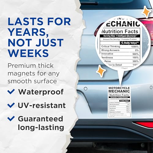 (2 Pack) Motorcycle Mechanic Magnets - Nutrition Facts Design - Funny Gift for Mechanics - Garage - Mechanic Humor - 5" On Longest Side - for Cars, Fridges, Toolboxes - Made in USA - MAG4141