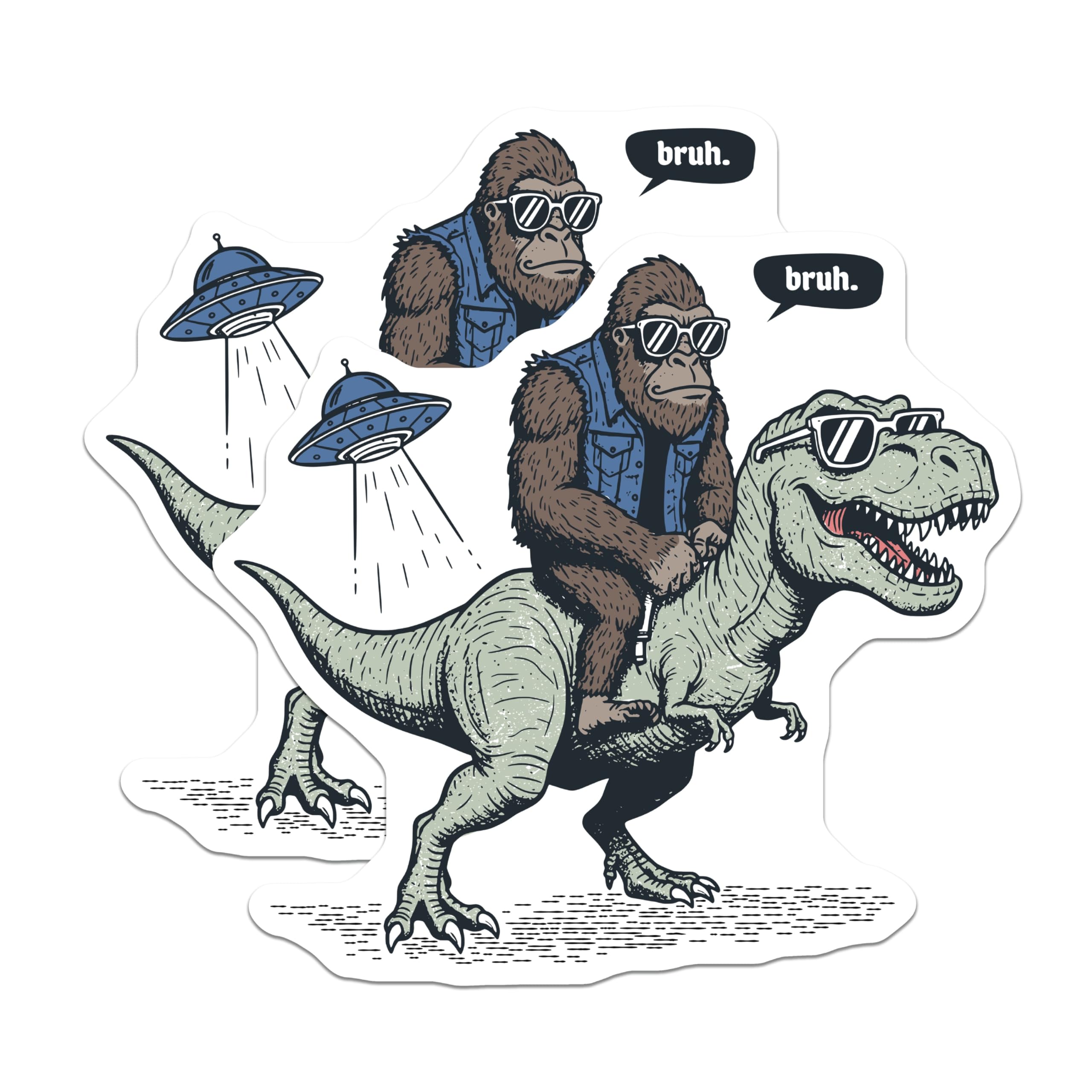 (2 Pack) Gorilla Riding T-Rex Magnets - Funny Dino Ape Art - UFO Meme Fridge Decor - 5 Inches On Longest Side - Thick Durable Magnet - Made in USA - MAG21808