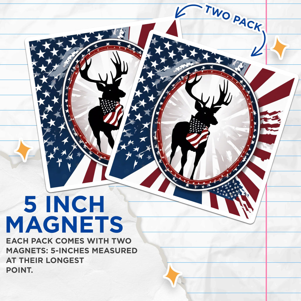 (2 Pack) American Flag Deer Magnets - Patriotic Buck Decor - USA Outdoorsman Emblem - Rustic Farmhouse Appeal - 5 Inches On Longest Side - Thick Durable Magnet - Made in USA - MAG20145