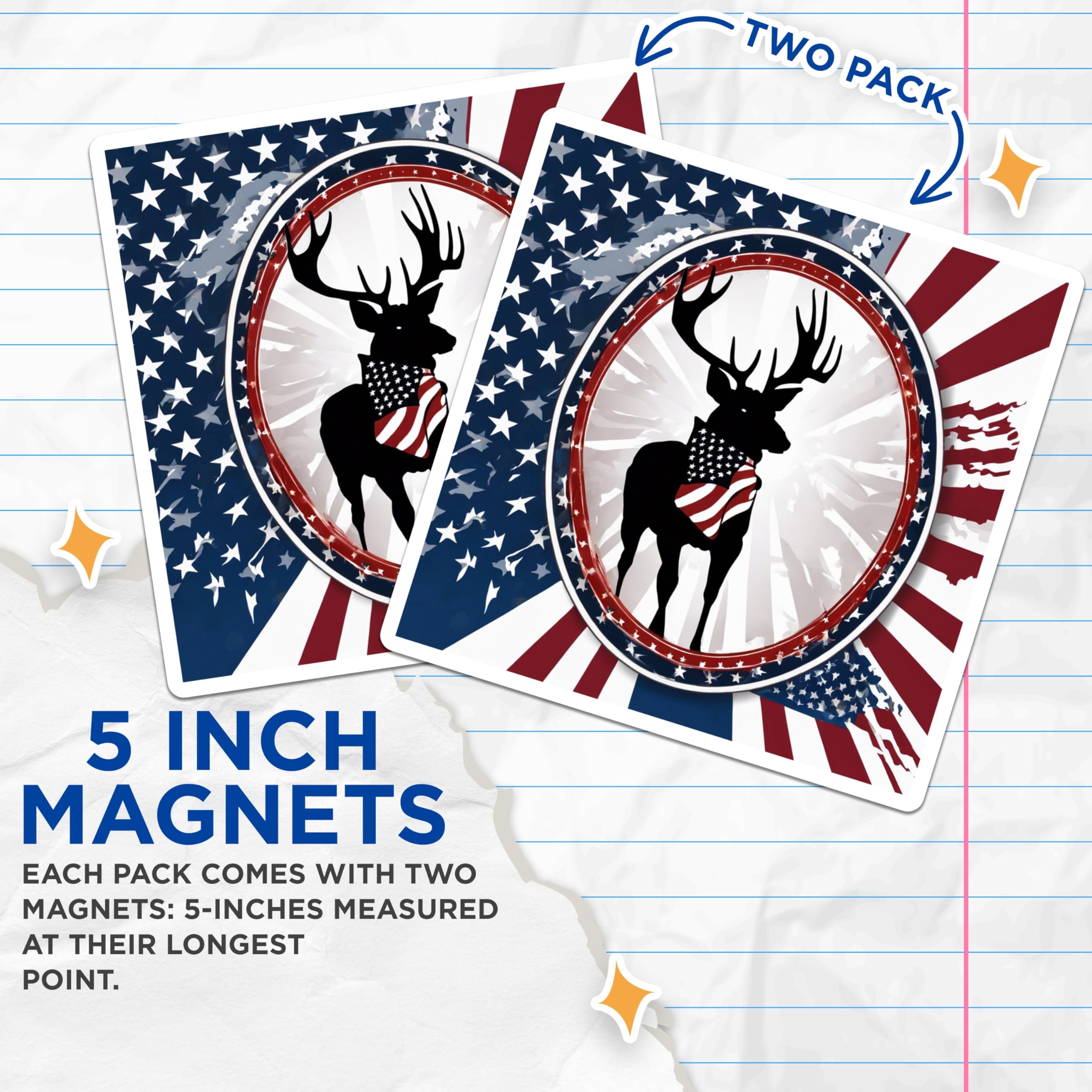 (2 Pack) American Flag Deer Magnets - Patriotic Buck Decor - USA Outdoorsman Emblem - Rustic Farmhouse Appeal - 5 Inches On Longest Side - Thick Durable Magnet - Made in USA - MAG20145