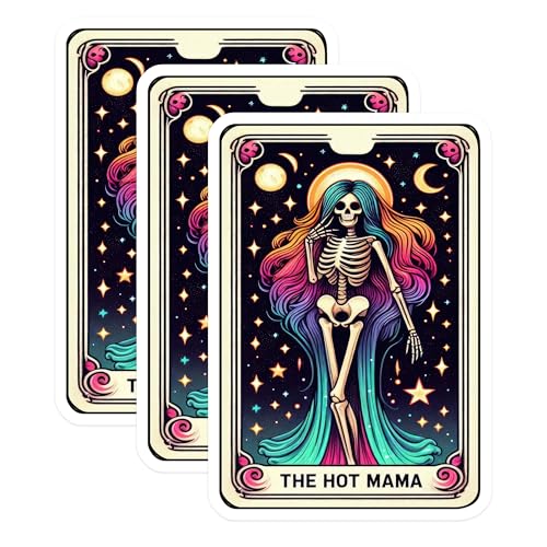 (3 Pack) Hot Mama Tarot Card Decals - Skeleton Woman - Colorful Hair Laptop Decals - 3 Inches On Longest Side - Easy Peel & Apply - Made in USA - 3MCS4204