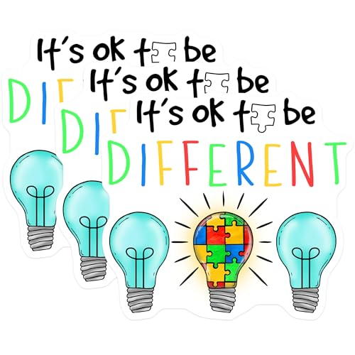 (3 Pack) Its Ok to Be Different Decals - Autism Awareness Decal - Puzzle Piece Lightbulb - 3 Inches On Longest Side - Easy Peel & Apply - Made in USA - 3MCS7287