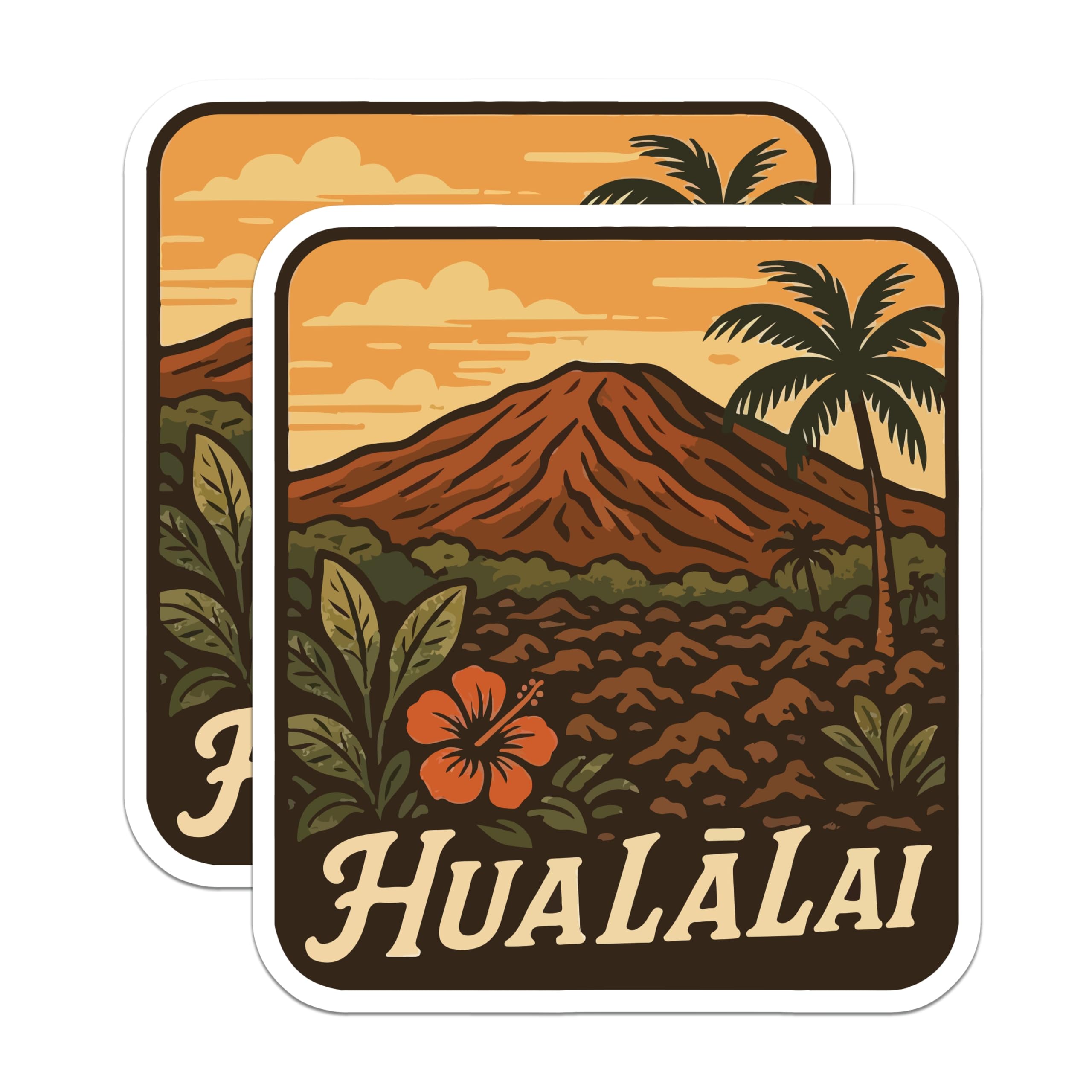 (2 Pack) Hualalai Volcano Magnets - Hawaii Island Scenery - Tropical Landscape Art - Retro Hibiscus Palm Decor - 5 Inches On Longest Side - Thick Durable Magnet - Made in USA - MAG19530